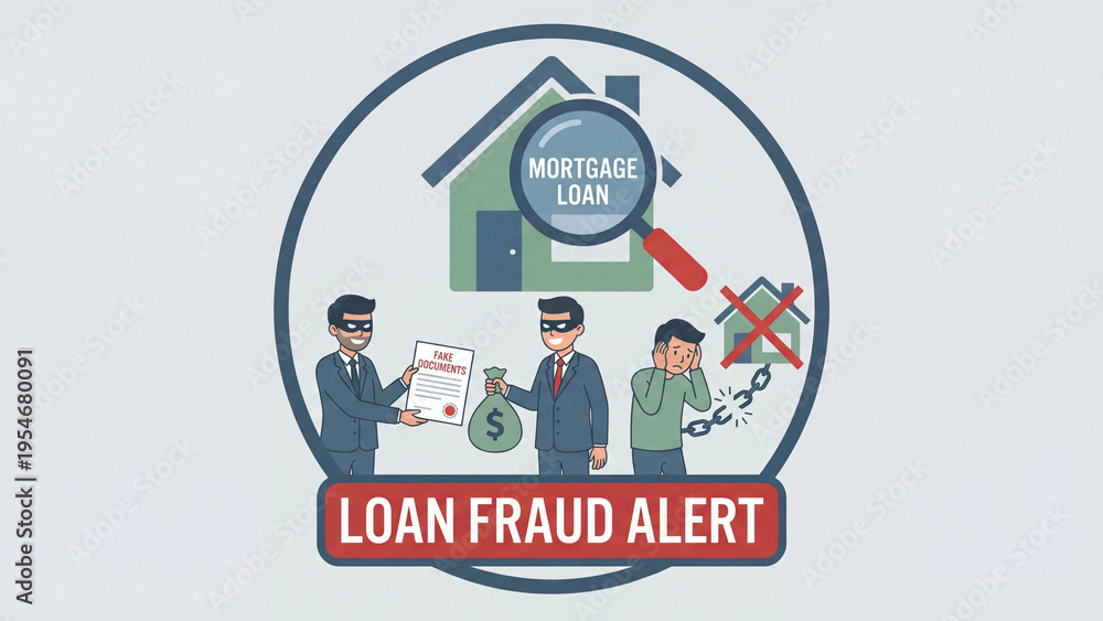 Obraz premium Mortgage loan fraud alert and real estate property scam concept illustration for consumer awareness lending deception and housing financial crime education