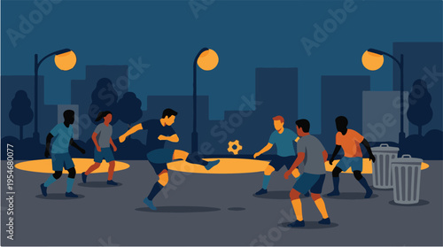 Street soccer players playing football at night in city park