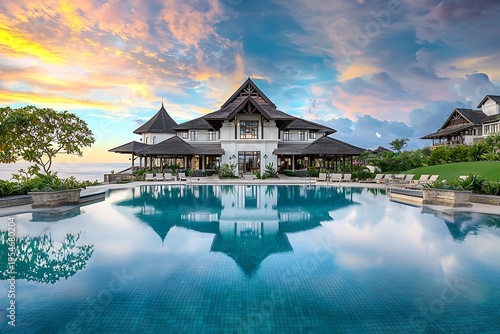 Luxury villa by the pool at sunset tropical paradise photography serene landscape wide angle vacation retreat