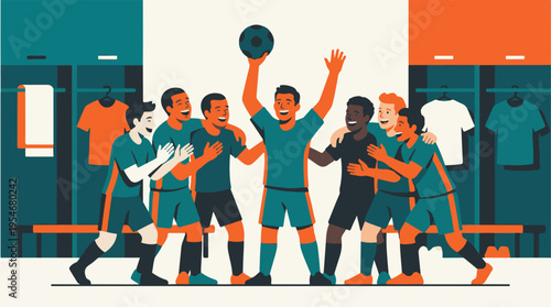 Soccer players celebrating victory in locker room for 2026 world cup