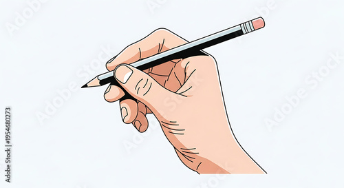Hand Holding Pencil on White Background