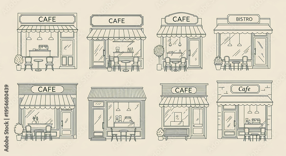 Naklejka premium Cafe Building Facades with Awnings and Tables