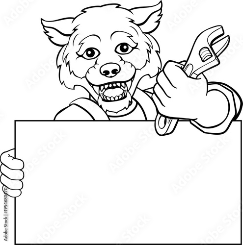 A wolf handyman, mechanic, plumber or other construction cartoon mascot man holding a wrench or spanner tool.