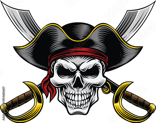Pirate skull crossbones wearing a tricorn captain hat crossing sabers or scimitar cutlass pirate swords. In a vintage retro woodcut style.