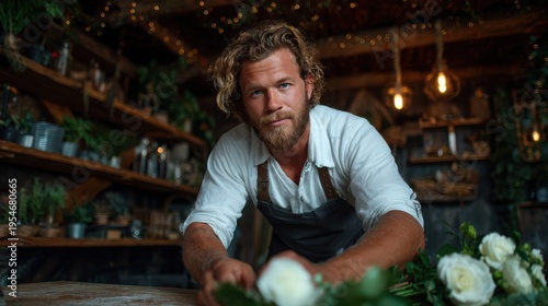 A skilled flower arranger creates beautiful arrangements in a cozy floral shop, exemplifying the art of floristry and the charm of nature in design.