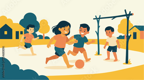 Children Playing Soccer Barefoot In A Rural Village Ground Field