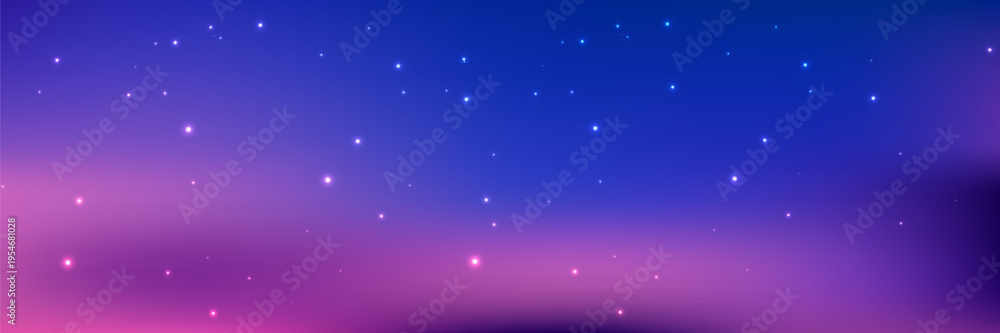Obraz premium Pastel sky gradient background featuring fluffy clouds and twinkling stars. Dreamy blue sunset scene with soft light transitions and magical fairy-tale ambiance perfect for fantasy designs.