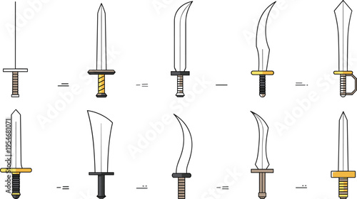 Sword collection set with different blade shapes medieval weapon line art vector illustration