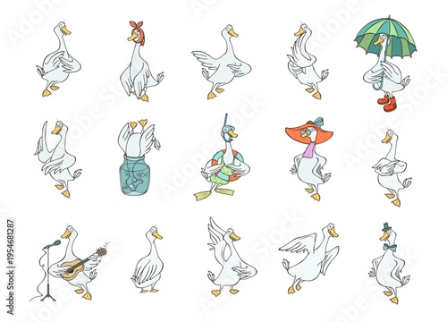Funny goose characters collection, playful poses and costumes, hand drawn vector illustration