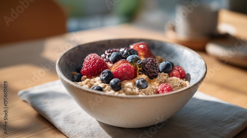 Simple breakfast of oatmeal, berries, and honey in handmade bowl, linen placemat, nothing else on clear wooden table surface, soft natural light, ideal for intentional eating, simple meals, and