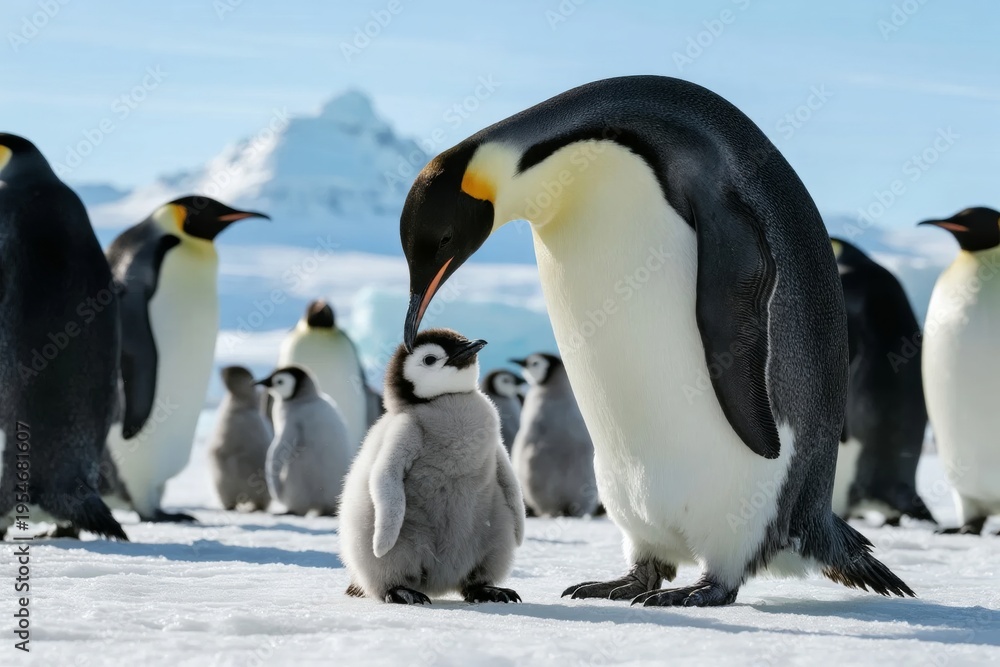 Fototapeta premium Emperor penguin with chick on snowy Antarctic landscape, surrounded by other penguins
