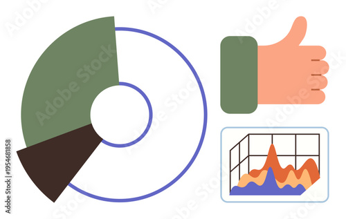 Data management, performance feedback, statistics, visualization, analytics, decision making. Pie chart, thumbs up and graph with fluctuating data lines. Data management and performance feedback