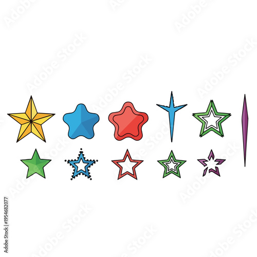 Assortment of colorful, cartoonish star shapes in a design