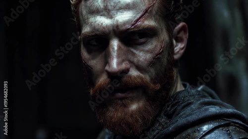 Close-up of scarred male warrior face in hyperrealistic style on dark background, concept of strength and resilience