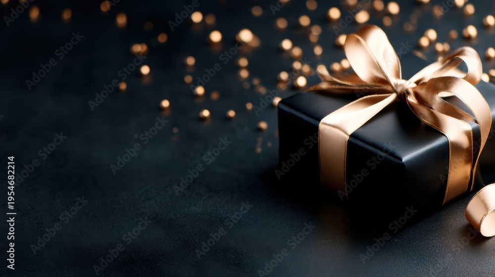 Fototapeta premium A beautifully wrapped black gift box adorned with a golden ribbon and embellishments, evoking a sense of luxury and anticipation, perfect for any special occasion.