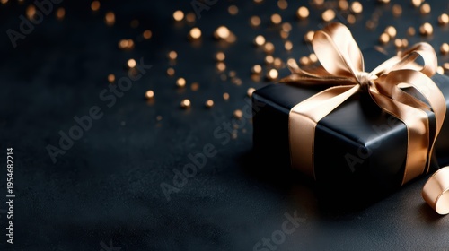 A beautifully wrapped black gift box adorned with a golden ribbon and embellishments, evoking a sense of luxury and anticipation, perfect for any special occasion.