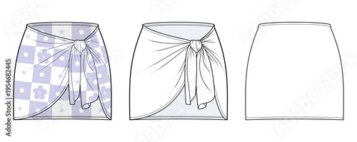 Lilac Geometric Wrap Mini Skirt Technical Fashion Illustration. Women’s Tie Waist Sarong Style Skirt with Asymmetrical Overlap Hem Vector Template CAD Mockup.