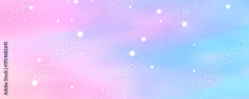 Pastel pink sky with fluffy clouds and glittering stars creates a dreamy gradient backdrop perfect for princess-themed designs and fairytale atmospheres. Vector Illustration.