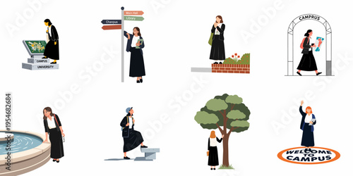 Set of diverse vector illustrations depicting a young woman's experience navigating various locations on a university campus during orientation.