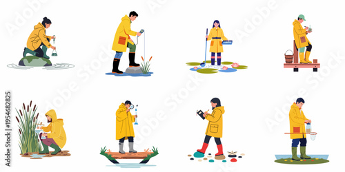 Set of Environmental Scientists and Researchers in Yellow Rain Gear Conducting Field Work and Water Quality Testing
