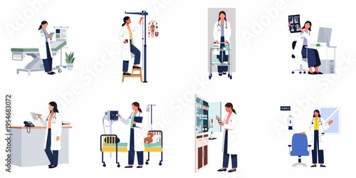Set of Female Doctors Performing Various Medical Tasks in Hospital and Clinic Settings