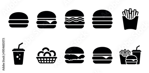 A collection of black silhouette icons representing various fast food items including burgers, french fries, drinks, and onion rings on a white background.