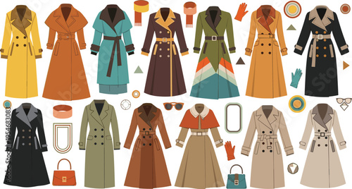 Stylish trench coat collection with elegant autumn outerwear and accessories flat vector illustration set