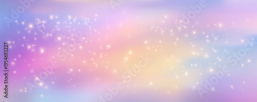 Glittery twilight backdrop with cotton candy clouds floating across gradient heavens. Whimsical cartoon atmosphere blending sunrise hues and sparkling celestial elements beautifully.