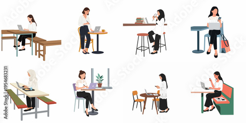 Flat illustration set of diverse young women working on laptops and mobile devices in various cafe and office environments.