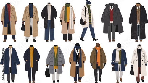 Stylish winter outfits collection with coats scarves and layered clothing isolated on white background fashion vector illustration set
