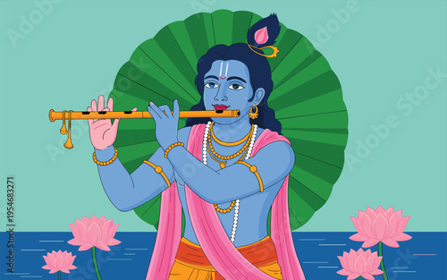 Blue Deity Playing Flute Amidst Lotus Flowers and Greenery Stock Illustration
