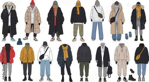 Urban winter streetwear outfits with puffer jackets hoodies and coats casual fashion flat vector illustration set