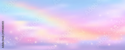 Dreamy evening sky in soft pink and blue tones, featuring delicate clouds at sunrise with gentle gradient transitions and pastel watercolor textures. Vector Illustration.