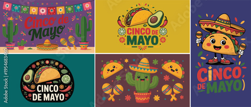 Cinco de Mayo Celebration illustrations with tacos cacti sombreros and maracas