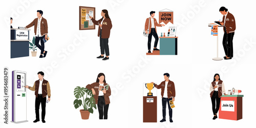 Flat Vector Illustrations of Students Participating in University Club Recruitment and Registration Activities at a Campus Fair