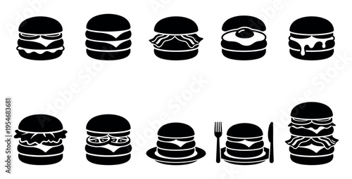 A collection of black silhouette icons representing various types of burgers, presented on a clean white background.