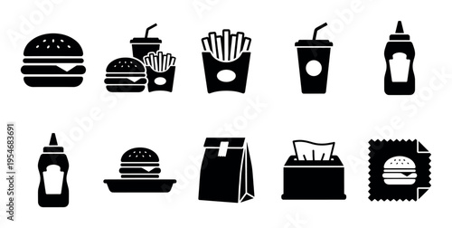 A collection of black fast food icons including burgers, fries, drinks, and condiments on a white background.