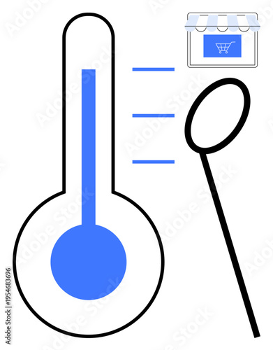 Health testing, diagnostics, e-commerce, remote care, telemedicine, hygiene. Image features a thermometer, swab and storefront icon. Health testing and e-commerce concept