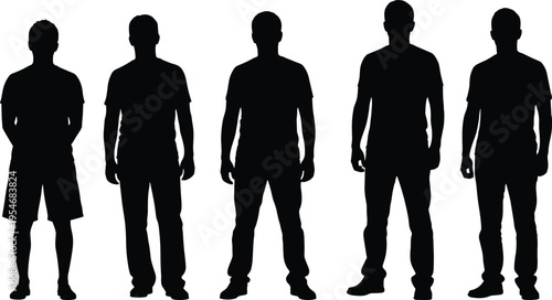 Man silhouette vector set featuring male characters standing in casual poses, group of young adults, for business and lifestyle design.