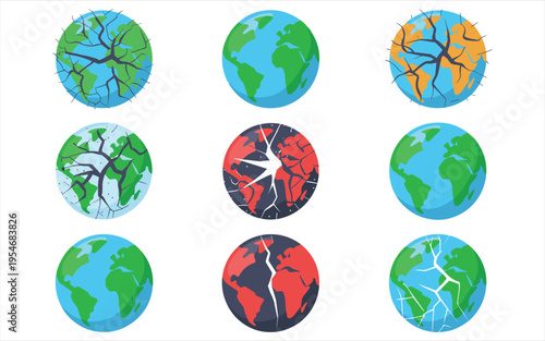 Cracked Earth Globes Collection Showing Environmental Damage and Global Issues