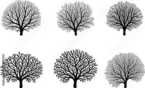 Leafless tree silhouette vector set featuring bare branches, winter forest shrubs, and intricate twig plant icons for landscape nature design.