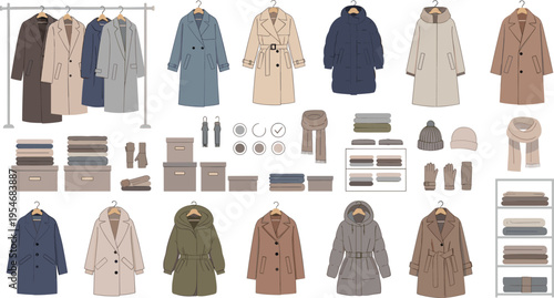 Winter coat wardrobe collection with trench coats, parkas, and clothing organization elements flat vector illustration set
