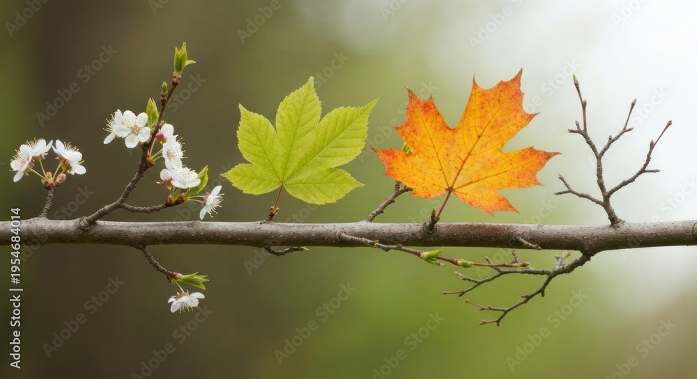Fototapeta premium Branch showing the transition of seasons with leaves and blossoms