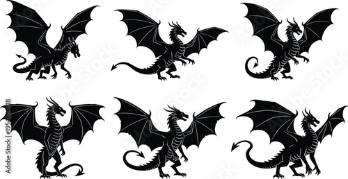 Dragon silhouette vector set featuring mythical flying creatures with wings, powerful fantasy monsters, and legendary fire-breathing beast icons for epic design.