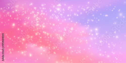Magical sky background with glittering clouds and stars in pink gradient tones, perfect for fantasy princess designs and dreamy cartoon backdrops with soft pastel hues.