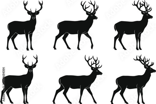 Deer silhouette vector set featuring wild buck stags with antlers in standing and walking poses for hunting, nature, and wildlife.