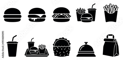 A collection of black and white silhouette icons representing various fast food items and services, ideal for menus, apps, and websites.