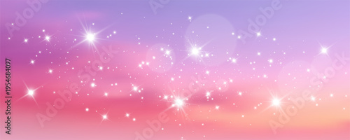 Starry sky backdrop featuring pink and purple gradients with soft glowing stars, ideal for magical unicorn scenes, candy-themed graphics, and fairytale compositions. Vector Illustration.
