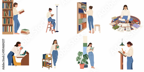 Set of flat vector illustrations of a young woman engaged in various reading, writing, and studying activities in a library or home office.
