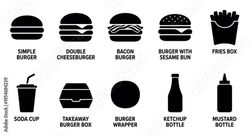Collection of black silhouette icons representing various fast food items like burgers, fries, soda, and condiments on a white background.